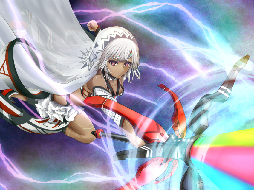 1girl altera_(fate) armor bangs bare_shoulders breasts choker dark_skin detached_sleeves fate/extella fate/extra fate/grand_order fate_(series) highres holding holding_weapon looking_at_viewer midriff navel rainbow red_eyes short_hair silver_hair solo suiete sword tattoo veil weapon white_hair