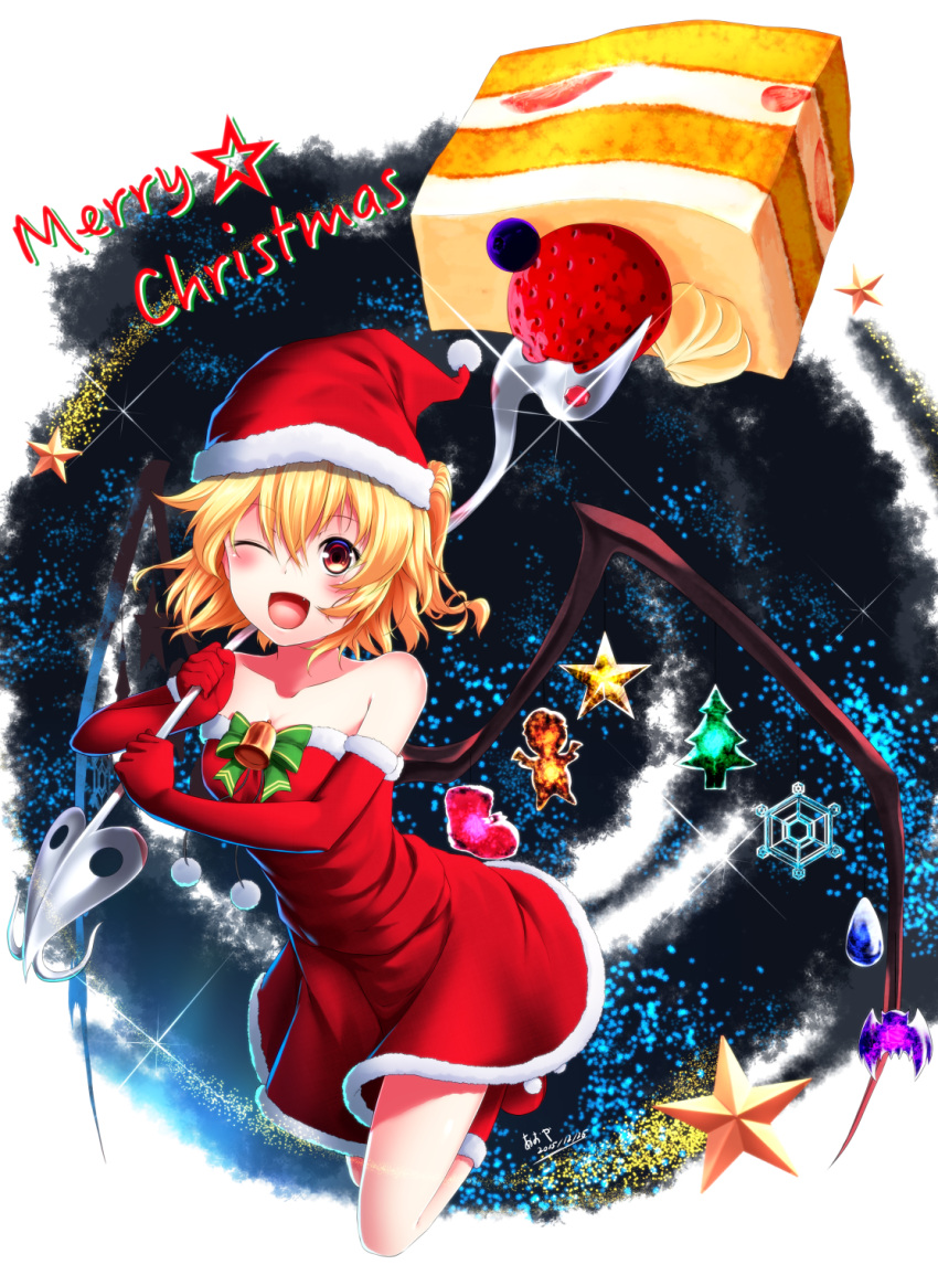 1girl ;d alternate_costume aono_meri bare_shoulders bent_knees blonde_hair blueberry blush boots breasts cake christmas christmas_ornaments collarbone dated dress elbow_gloves fang flandre_scarlet food fruit full_body fur_trim glitter gloves hair_between_eyes hat highres laevatein looking_at_viewer merry_christmas off-shoulder_dress off_shoulder one_eye_closed open_mouth red_boots red_dress red_eyes red_gloves santa_costume santa_hat side_ponytail small_breasts smile solo star strawberry touhou wings