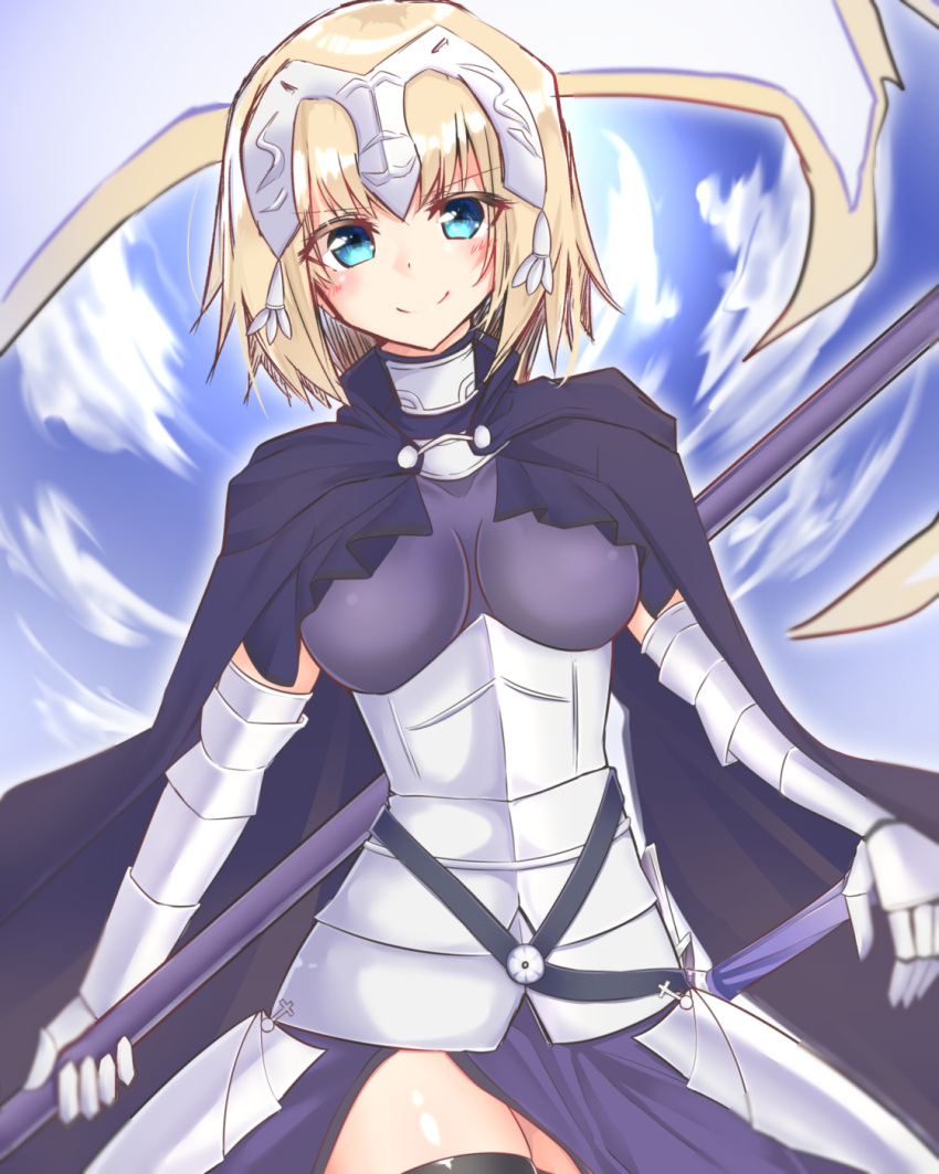 1girl armor armored_dress bangs banner blonde_hair blue_eyes braid breasts dress fate/apocrypha fate/grand_order fate_(series) floating_hair gloves headpiece highres holding holding_weapon long_hair looking_at_viewer mochi_chuuyuu ruler_(fate/apocrypha) solo standing very_long_hair weapon