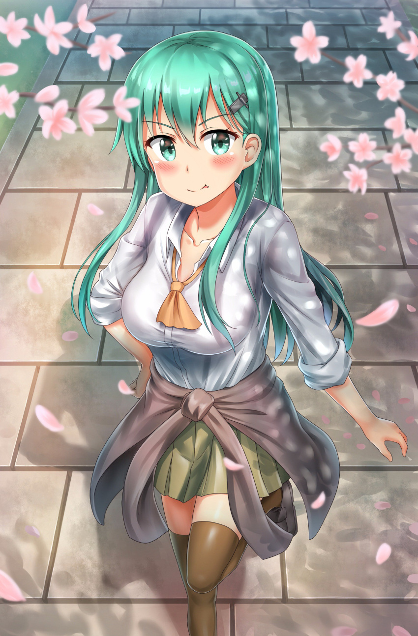 1girl absurdres aqua_eyes aqua_hair blush breasts brick_floor brown_legwear cherry_blossoms clothes_around_waist collarbone from_above grass green_skirt hair_ornament hairclip hand_on_hip highres jacket jacket_around_waist jacket_removed kantai_collection large_breasts long_hair looking_at_viewer looking_up nedia_r orange_neckerchief outdoors pavement pleated_skirt shadow skirt sleeves_rolled_up smile solo straight_hair suzuya_(kantai_collection) thigh-highs tongue tongue_out walking