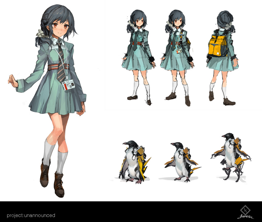 1girl animal anklet backpack bag bird black_hair brown_eyes character_sheet collared_shirt concept_art dress full_body id_card image_sample jewelry lm7_(op-center) multiple_views name_tag necktie original penguin ponytail power_suit shirt shoelaces simple_background smile socks walking white_background white_legwear