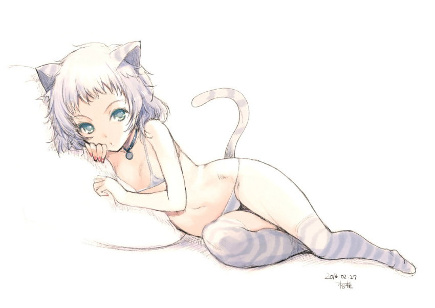 1girl animal_ears bikini cat_ears cat_tail collar commentary_request flat_chest green_eyes jpeg_artifacts kiya_shii looking_at_viewer micro_bikini original short_hair simple_background sketch solo striped striped_legwear swimsuit tail thigh-highs white_background