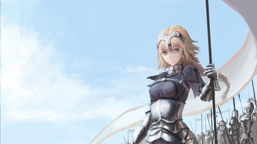 1girl absurdres armor armored_dress army bangs banner blonde_hair blue_eyes braid breasts dress fate/apocrypha fate/grand_order fate_(series) gloves headpiece highres holding holding_weapon long_hair looking_at_viewer ruler_(fate/apocrypha) serious solo standing very_long_hair weapon