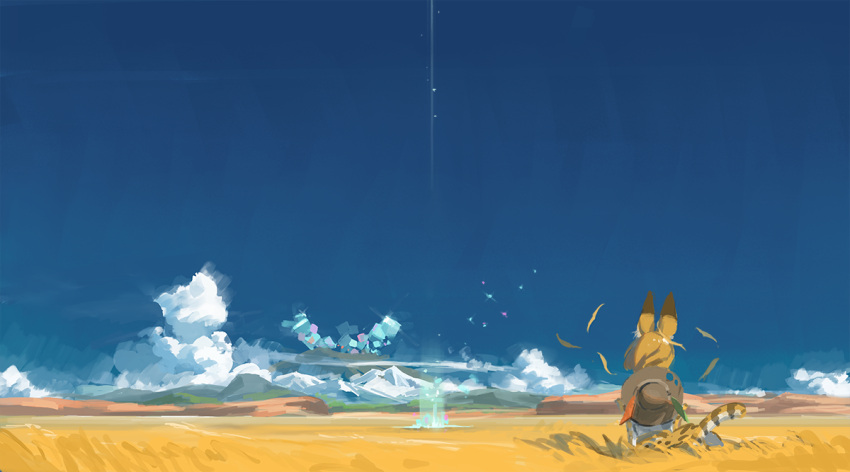 1girl animal_ears blonde_hair clouds day feathers hat kemono_friends leaf light_particles looking_away mountain serval_(kemono_friends) serval_ears serval_tail short_hair sky solo standing tail tommy830219