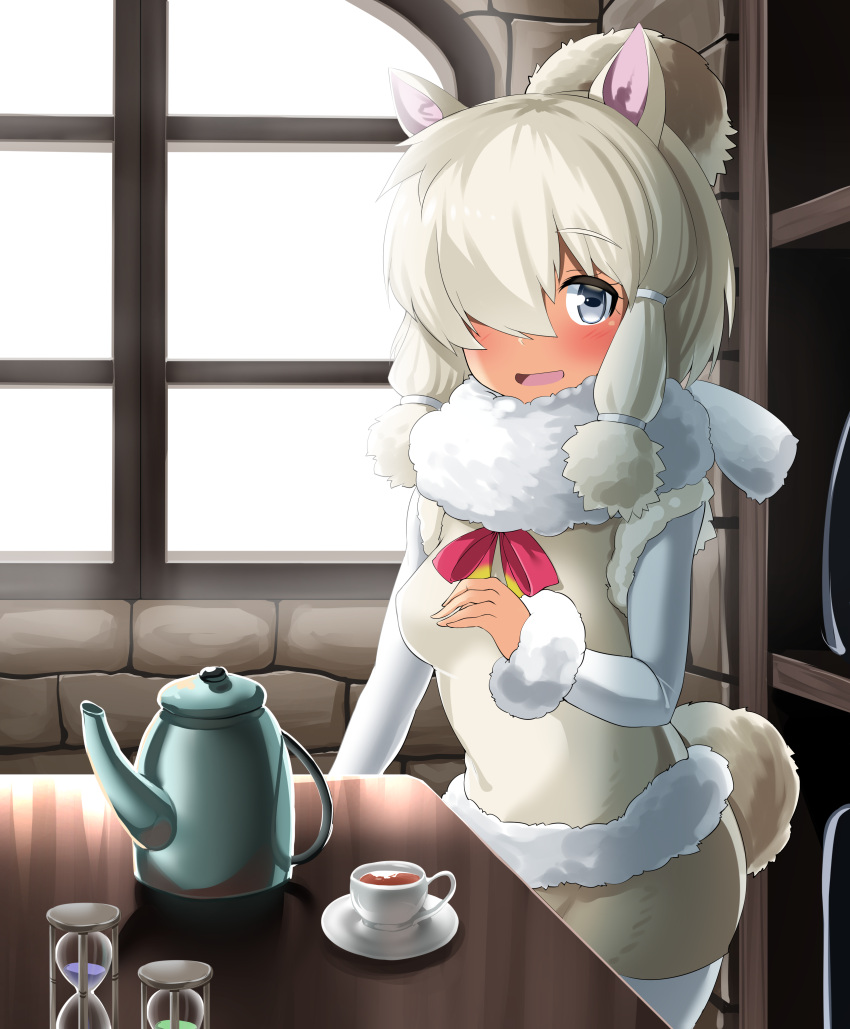 1girl absurdres alpaca_ears alpaca_suri animal_ears blonde_hair blue_eyes breasts cup fur_collar fur_trim hair_over_one_eye highres hitotsuki_nebura kemono_friends long_sleeves looking_at_viewer open_mouth short_hair sidelocks smile solo tail teacup teapot