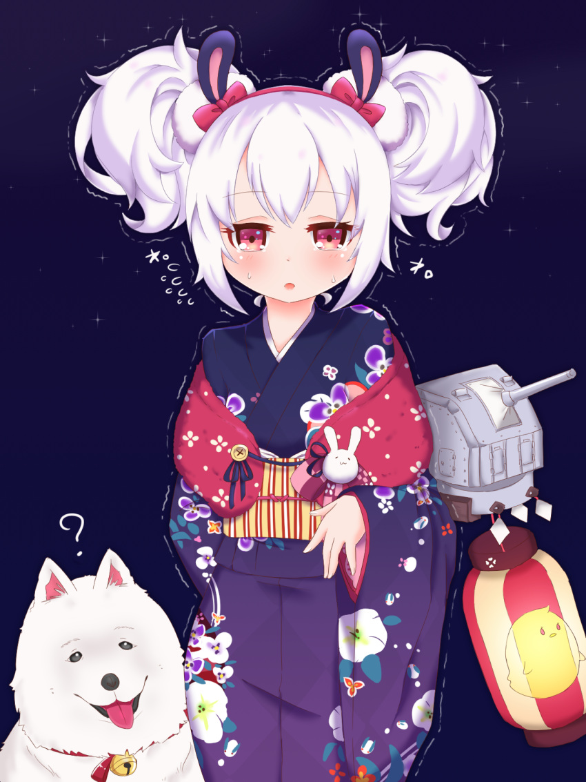 1girl ? animal animal_ears azur_lane bell blue_kimono blush bow cannon chick_print commentary dog double_bun fingernails floral_print flying_sweatdrops hair_bow hairband highres japanese_clothes jingle_bell kimono laffey_(azur_lane) lantern long_sleeves looking_at_viewer obi paper_lantern parted_lips print_kimono purple_background rabbit_ears red_bow red_eyes red_hairband sash side_bun sidelocks solo sonodaeri sweat tears tongue tongue_out trembling turret wide_sleeves