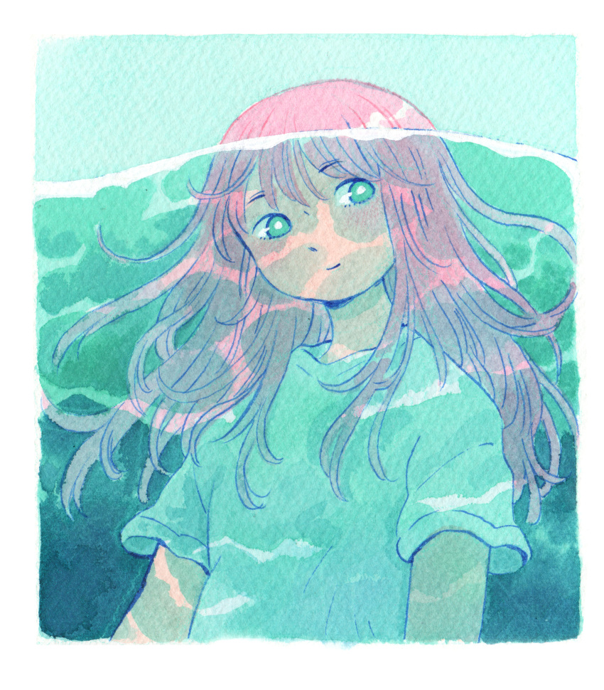 1girl absurdres aqua_background aqua_eyes arms_at_sides bangs border bright_pupils caustics closed_mouth color_ink_(medium) commentary english_commentary floating_hair head_tilt heikala highres ink_(medium) long_hair looking_at_viewer looking_to_the_side original outdoors painting_(medium) partially_submerged pink_hair rounded_corners shikishi shirt smile solo t-shirt traditional_media upper_body water watercolor_(medium) white_border white_pupils white_shirt