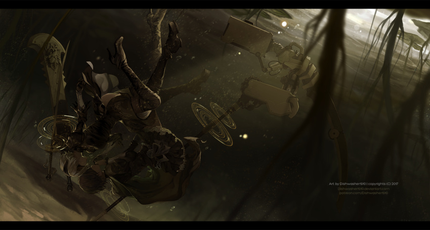 2girls artist_name black_hair blindfold boots broadsword cape crescent_rose dishwasher1910 frilled_skirt frills high_heel_boots high_heels juliet_sleeves katana lake lily_pad long_sleeves multiple_girls nier_(series) nier_automata puffy_sleeves roots ruby_rose rwby scythe skirt sword underwater upside-down weapon white_hair yorha_no._2_type_b