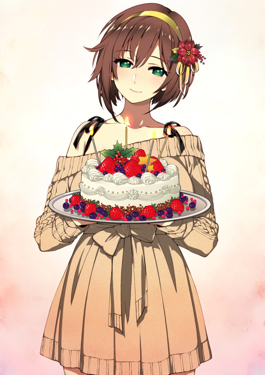 1girl bangs bare_shoulders black_ribbon blueberry blush bow brown_bow brown_dress brown_hair cake candle closed_mouth collarbone cowboy_shot cream dress fire flower food fruit gradient gradient_background green_eyes hair_flower hair_ornament hair_ribbon head_tilt hige_(hige2) highres holding holding_tray holly lips long_sleeves looking_at_viewer multicolored multicolored_background off-shoulder_dress off_shoulder original ribbed_dress ribbon short_hair smile solo standing star strawberry tray yellow_hairband yellow_ribbon
