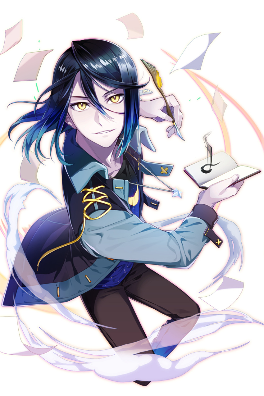1boy black_hair black_pants blue_hair book gradient_hair highres jacket jeunese jewelry looking_at_viewer male_focus multicolored_hair necklace official_art open_book pants paper parted_lips quill soccer_spirits solo tuuuh yellow_eyes
