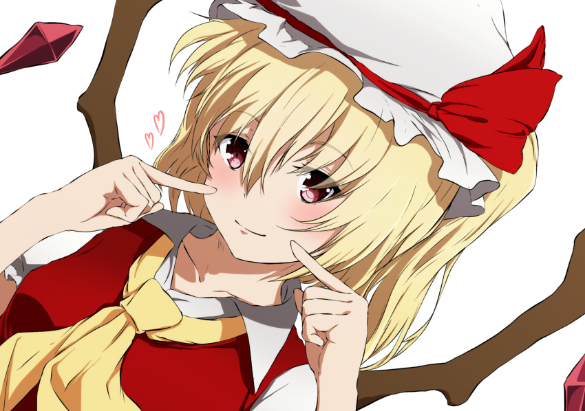 1girl aono_meri ascot bangs blonde_hair blush closed_mouth crystal dutch_angle face fingers_to_cheeks flandre_scarlet hat hat_ribbon heart looking_at_viewer mob_cap red_eyes red_ribbon ribbon short_hair short_sleeves side_ponytail simple_background smile solo touhou upper_body vest white_background wings