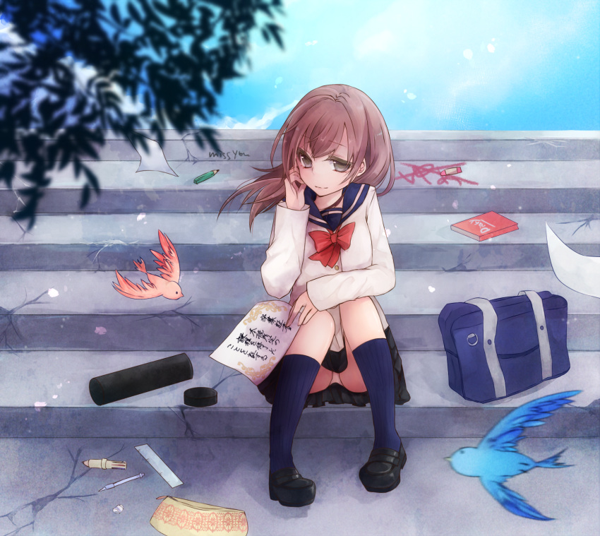 1girl bag bangs bird black_shoes blue_sky blurry book brown_hair closed_mouth depth_of_field diploma english eyebrows_visible_through_hair floating_hair graduation grey_eyes hand_up highres holding kneehighs knees_up loafers long_hair looking_at_viewer natsuki_(ukiwakudasai) navy_blue_legwear original outdoors panties pantyshot pantyshot_(sitting) pencil ribbed_legwear ruler school_bag school_uniform shoes sitting sky smile solo stairs underwear uniform wind wind_lift