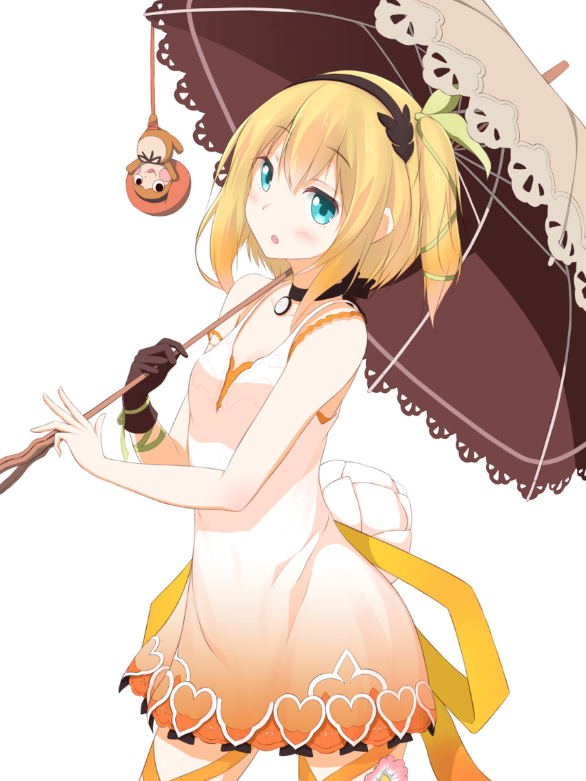 1girl black_choker blonde_hair blue_eyes blush chestnut_mouth choker commentary_request dress edna_(tales) gloves hair_ribbon hairband highres holding holding_umbrella leg_ribbon looking_at_viewer numpopo ribbon short_hair side_ponytail simple_background single_glove skirt solo tales_of_(series) tales_of_zestiria tress_ribbon umbrella