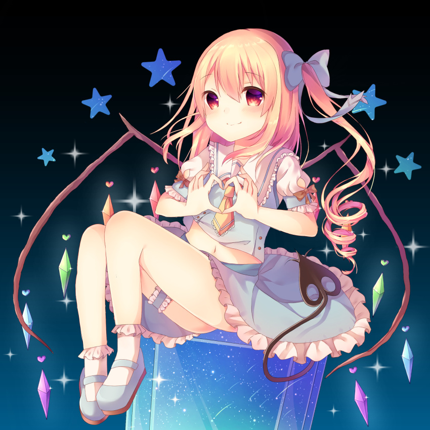 1girl alternate_color aozoratama blonde_hair blue_shoes blush flandre_scarlet frilled_legwear garters gradient gradient_background hair_ribbon heart heart_hands highres laevatein_(tail) looking_at_viewer mary_janes midriff navel no_hat no_headwear puffy_short_sleeves puffy_sleeves red_eyes ribbon shoes shooting_star short_hair short_sleeves side_ponytail sitting skirt skirt_set smile socks solo sparkle star tail touhou white_legwear wings yellow_ascot