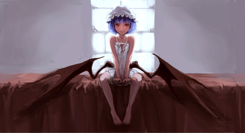1girl bare_arms bare_legs bare_shoulders barefoot bed bed_sheet between_legs closed_mouth dress facing_viewer fang flat_chest frills full_body hand_between_legs hat highres koog looking_at_viewer mob_cap nightgown on_bed open_eyes purple_hair red_eyes red_wings remilia_scarlet ribbon short_hair sitting sitting_on_bed sleeveless sleeveless_dress smile solo toe_scrunch touhou vampire white_dress window wings