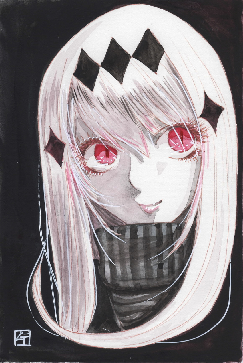 1girl aircraft_carrier_water_oni black_background eyelashes hairband head_tilt high_collar highres kantai_collection lips long_hair looking_at_viewer mixed_media red_eyes shinkaisei-kan signature simple_background solo tesun_(g_noh) traditional_media upper_body watercolor_(medium) white_hair