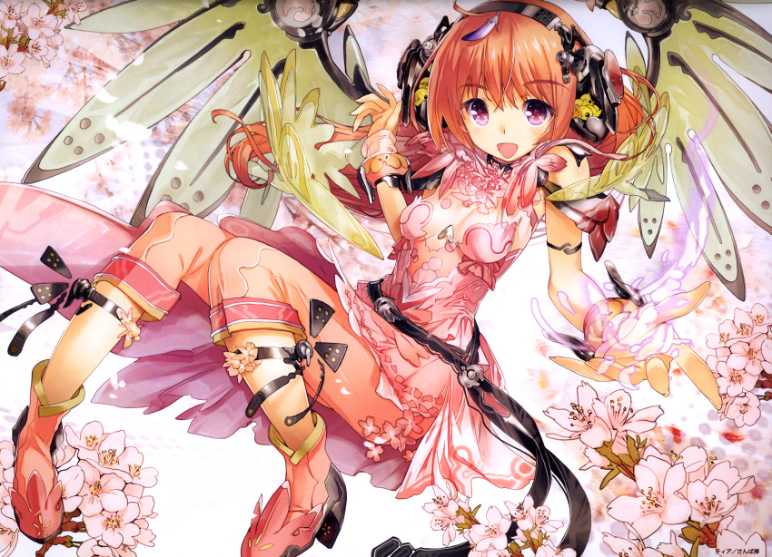 1girl :d absurdres aiyoku_no_eustia ankle_ribbon black_ribbon breasts cleavage dress eustia_astraea eyebrows_visible_through_hair headphones highres huge_filesize long_hair looking_at_viewer open_mouth orange_hair pants pink_dress pink_flower pink_pants ribbon sanbasou see-through small_breasts smile solo violet_eyes wings wrist_cuffs