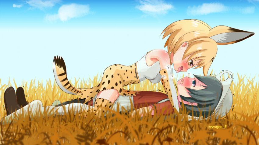 2girls after_kiss animal_ears backpack bag black_gloves black_hair blonde_hair blue_eyes blush bucket_hat cat_ears cat_tail clouds elbow_gloves ewigen_eis girl_on_top gloves grass hair_between_eyes hat hat_feather heart heart-shaped_pupils highres kaban kemono_friends lying multiple_girls on_back open_mouth outdoors red_shirt saliva saliva_trail savannah serval_(kemono_friends) serval_ears serval_print serval_tail shirt short_hair shorts sky smile straddling sweat symbol-shaped_pupils tail tongue wavy_hair yellow_eyes yuri