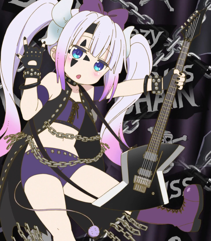 1girl \m/ alternate_costume alternate_hairstyle bangs blue_eyes blunt_bangs boots bow chains chestnut_mouth choker cloak crop_top facepaint fingerless_gloves gloves grey_hair guitar hair_bow headband highres horns instrument kanna_kamui kobayashi-san_chi_no_maidragon midriff multicolored_hair pink_hair punk_lolita punkish_gothic screencap short_shorts shorts spikes stitched studded_bracelet studded_collar tail thighs torn_coat twintails two-tone_hair wristband