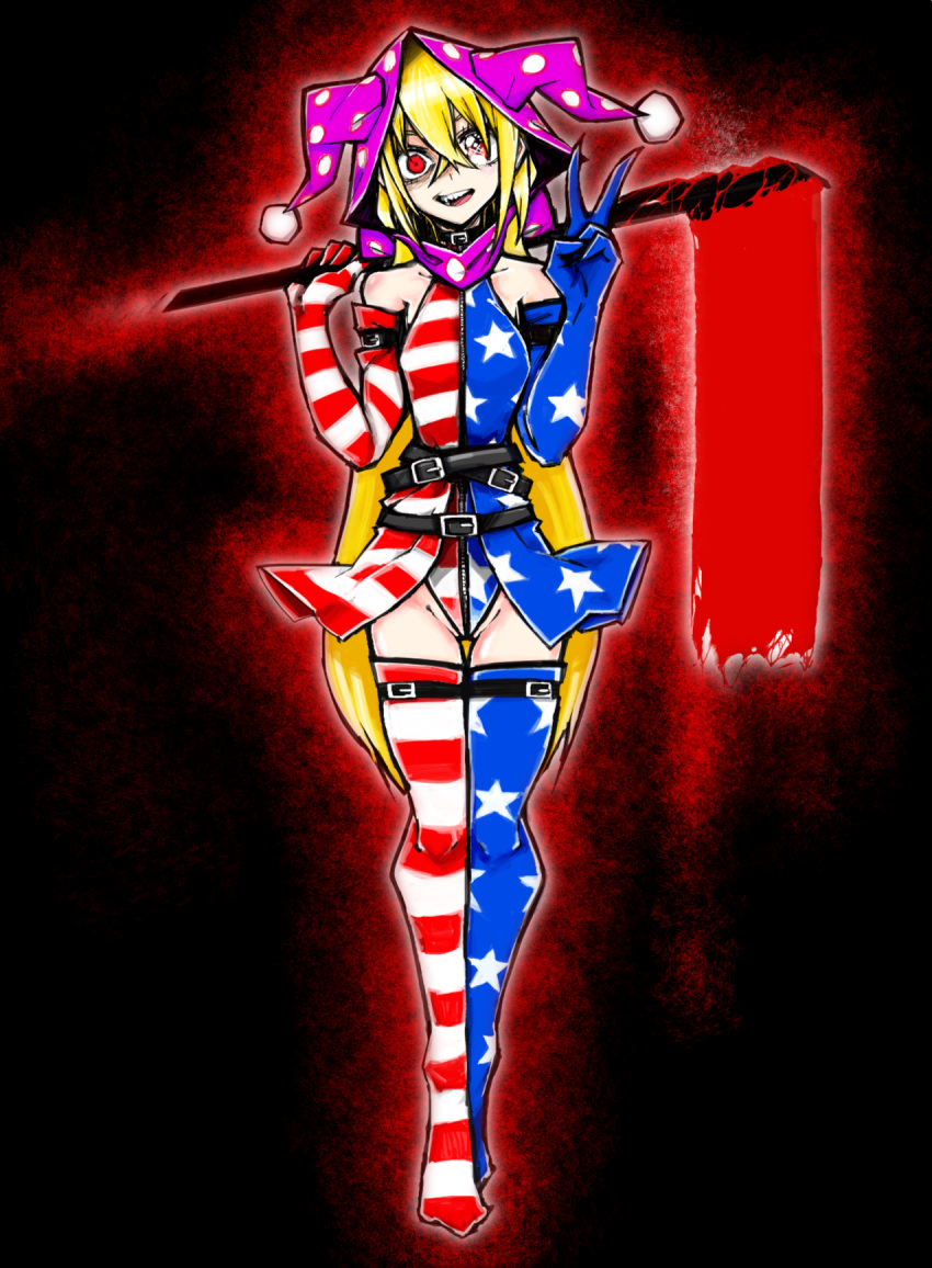 1girl adapted_costume alternate_costume alternate_legwear american_flag_dress american_flag_gloves american_flag_legwear bare_shoulders belt black_background blonde_hair blood bloody_weapon choker clownpiece constricted_pupils crazy crazy_eyes crazy_smile elbow_gloves gloves glowing groin hat highleg highleg_leotard highres hood jester_cap leotard looking_at_viewer multicolored multicolored_background multiple_belts open_mouth red_background red_eyes showgirl_skirt skinny smile solo thigh-highs touhou tsukikage_muntosu v weapon zipper