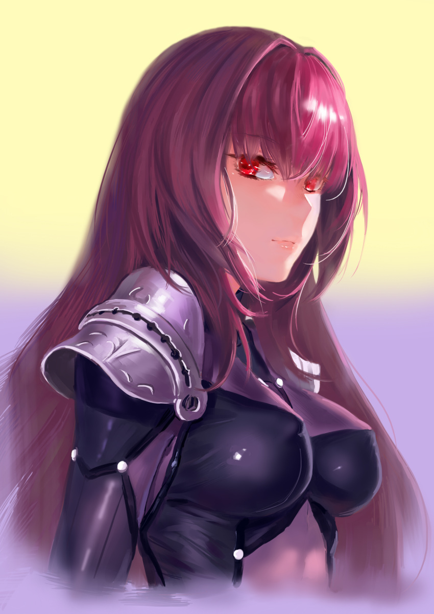 1girl absurdres armor bodysuit breasts covered_navel fate/grand_order fate_(series) gloves highres long_hair looking_at_viewer purple_bodysuit scathach_(fate/grand_order) serious shoulder_armor solo xiaoye_eago