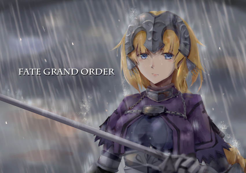 1girl absurdres armor armored_dress bangs blonde_hair blue_eyes braid breasts dress fate/apocrypha fate/grand_order fate_(series) gloves headpiece highres holding holding_weapon long_hair looking_at_viewer necktie rain ruler_(fate/apocrypha) sad serious solo standing sword very_long_hair weapon