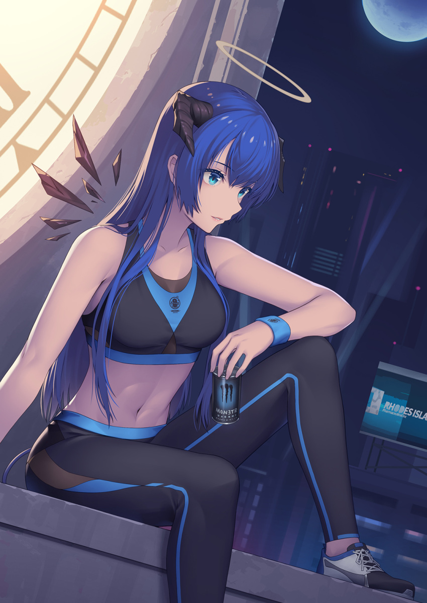 1girl arknights athrun1120 bare_arms bare_shoulders black_pants blue_eyes blue_hair breasts city commentary_request crop_top foot_out_of_frame halo highres horns knee_up leggings long_hair medium_breasts midriff mostima_(arknights) navel night night_sky outdoors pants parted_lips penguin_logistics_logo shoes sitting sky sneakers solo sports_bra stomach wristband