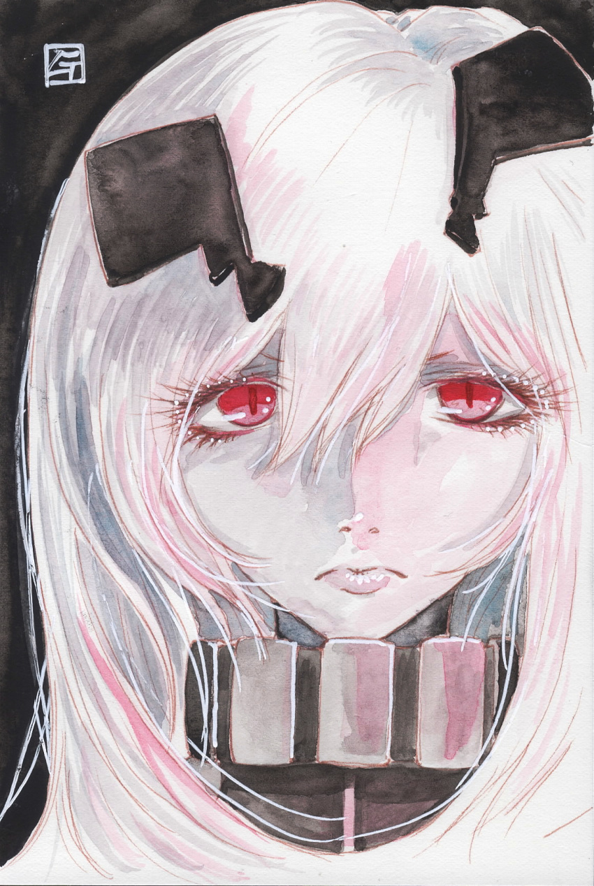1girl :&lt; anchorage_oni black_background eyelashes high_collar highres kantai_collection lips long_hair looking_at_viewer mixed_media pale_skin red_eyes shinkaisei-kan signature slit_pupils solo tesun_(g_noh) traditional_media unhappy upper_body watercolor_(medium) white_hair