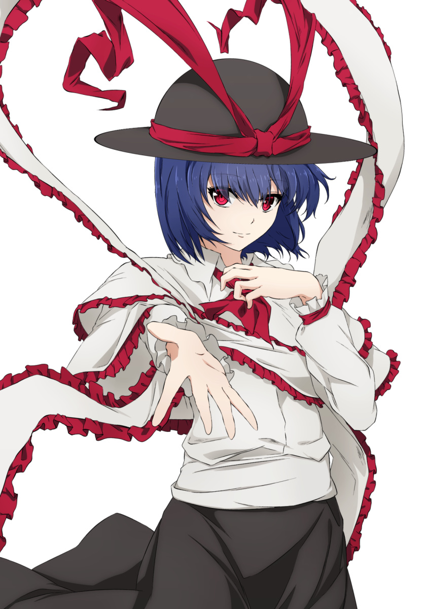 1girl aono_meri ascot bangs black_skirt blue_hair capelet closed_mouth foreshortening frills hat hat_ribbon highres long_sleeves looking_at_viewer nagae_iku outstretched_arm reaching_out red_eyes red_ribbon ribbon shawl shirt short_hair simple_background skirt smile solo touhou white_background white_shirt