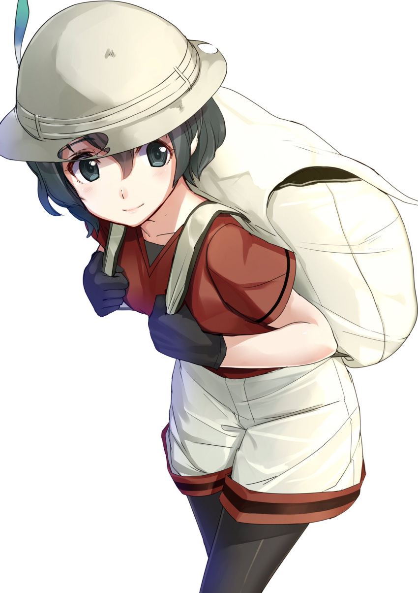 1girl akasaai backpack bag black_gloves black_hair black_legwear breasts bucket_hat commentary_request cowboy_shot gloves hair_between_eyes hat hat_feather highres kaban kemono_friends leaning_forward light_smile lips looking_to_the_side red_shirt shirt short_hair shorts small_breasts wavy_hair