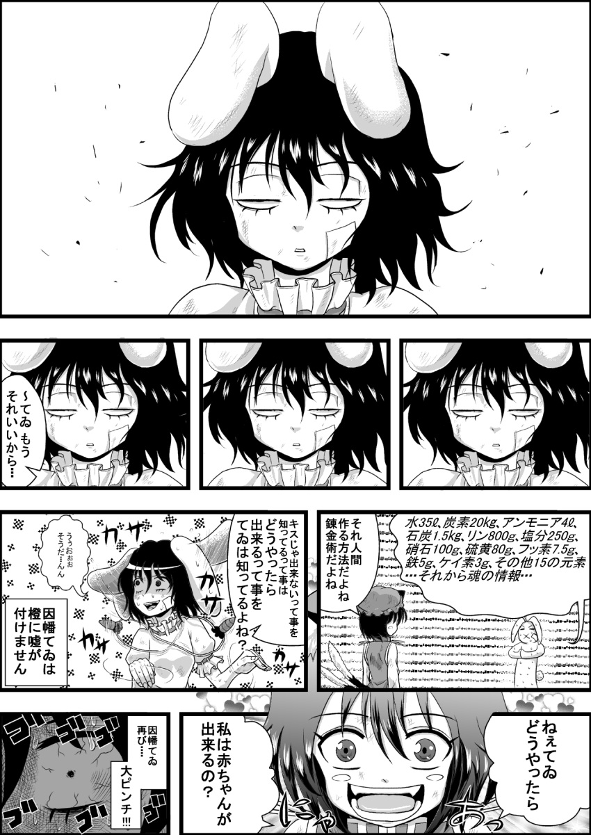 2girls animal_ears black_hair blank_eyes cat_ears chen comic doujinshi expressionless face greyscale half-closed_eyes hat highres inaba_tewi monochrome multiple_girls nekomata niiko_(gonnzou) parted_lips rabbit_ears short_hair tail touhou translation_request