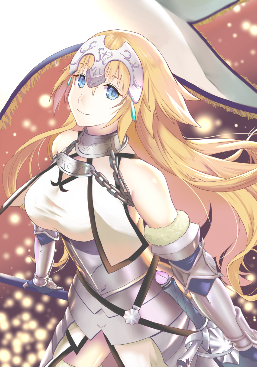 1girl armor armored_dress bare_shoulders black_gloves blonde_hair blue_eyes braid breasts capelet chains commentary_request eyebrows_visible_through_hair fate/apocrypha fate_(series) faulds flag fur_trim gauntlets gloves headpiece highres long_hair looking_at_viewer medium_breasts ruler_(fate/apocrypha) sasaki_tamao single_braid smile solo yellow_eyes
