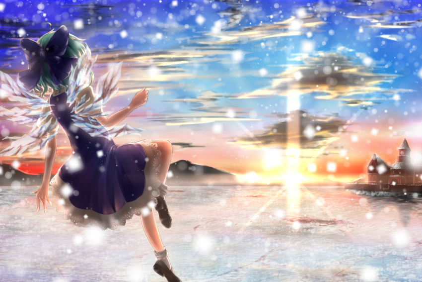 1girl aru0607 blue_bow blue_dress blue_hair bobby_socks bow brown_shoes cirno clouds cloudy_sky commentary_request dress fairy floating frilled_dress frills from_behind frozen_lake hair_bow ice ice_wings mary_janes misty_lake mountainous_horizon puffy_short_sleeves puffy_sleeves scarlet_devil_mansion scenery shoes short_hair short_sleeves sky snow snowing socks solo sunlight sunset touhou wings