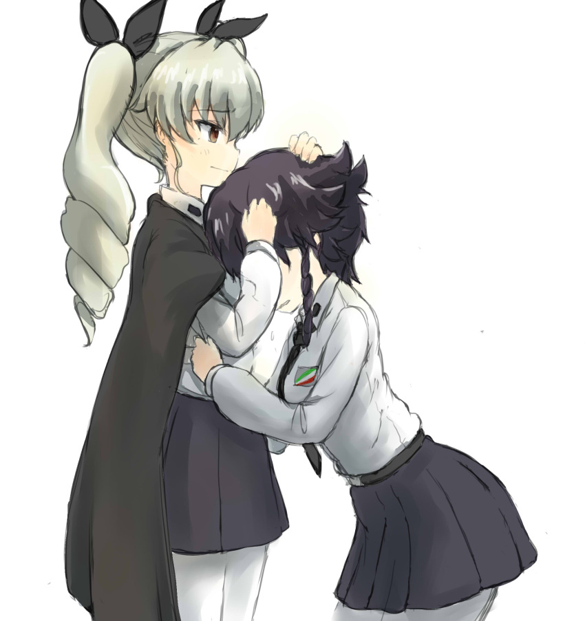2girls anchovy black_bow black_cape black_necktie black_skirt bow cape comforting crying days135 drill_hair girls_und_panzer green_hair hair_bow head_on_chest highres looking_at_another multiple_girls necktie open_mouth pantyhose pepperoni_(girls_und_panzer) skirt teardrop tears twintails white_legwear yellow_eyes