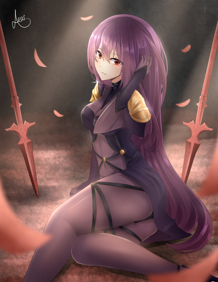1girl aeus armor ass bangs bodysuit breasts covered_navel dual_wielding fate/grand_order fate_(series) gae_bolg gloves hair_between_eyes highres holding long_hair looking_at_viewer pauldrons petals polearm purple_bodysuit purple_hair red_eyes scathach_(fate/grand_order) serious shoulder_armor smile solo spear weapon