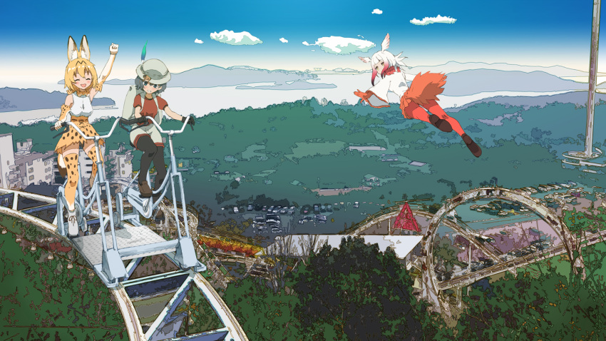 3girls :d ^_^ amusement_park animal_ears arm_up backpack bag bangs bare_shoulders black_hair blonde_hair blue_eyes blunt_bangs blush boots bow bowtie bucket_hat building car closed_eyes clouds commentary commentary_request crested_ibis_(kemono_friends) elbow_gloves flying forest frills gloves ground_vehicle hat hat_feather head_wings kaban kemono_friends lake loafers long_sleeves looking_at_another motor_vehicle multicolored_hair multiple_girls nature open_mouth pantyhose parking_lot pleated_skirt red_gloves red_legwear redhead roller_coaster ruins rust scenery serval_(kemono_friends) serval_ears serval_print serval_tail shirt shoes short_hair shorts sidelocks skirt sky sleeveless smile tail thigh-highs two-tone_hair washu_junkyu white_hair white_shirt yellow_eyes zettai_ryouiki