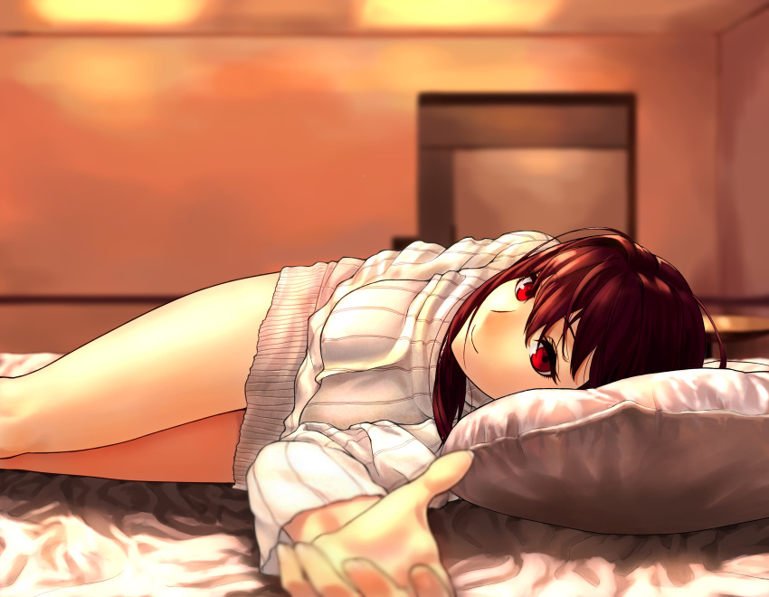 1girl absurdres ahoge bed bed_sheet bedroom blanket breasts dress fate/grand_order fate_(series) highres looking_at_viewer lying on_bed on_side pillow purple_hair reaching_out red_eyes scathach_(fate/grand_order) smile solo sweater sweater_dress