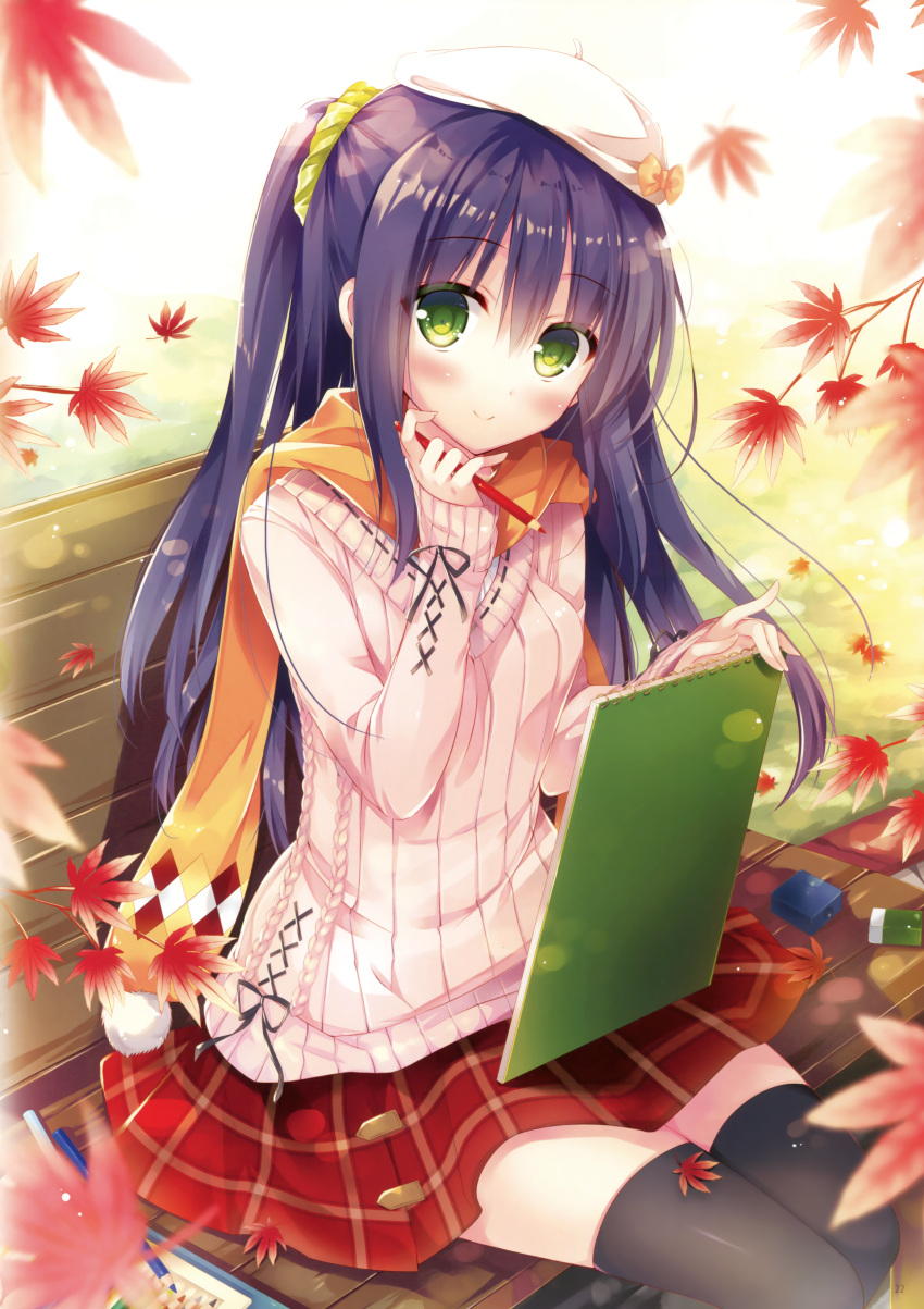 1girl absurdres autumn_leaves black_hair black_legwear black_ribbon blush hair_ornament hair_scrunchie hat highres hisama_kumako holding holding_pen long_hair notebook orange_scarf original outdoors pleated_skirt ponytail red_skirt ribbon scarf scrunchie sitting skirt smile solo sweater thigh-highs white_hat zettai_ryouiki