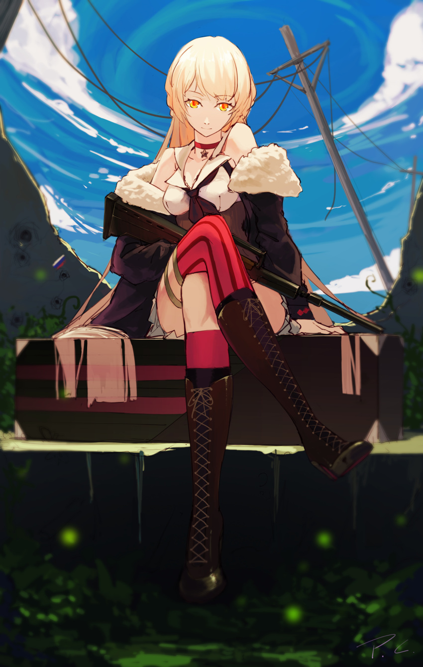 absurdres blonde_hair boots bullpup choker clouds cloudy_sky eyebrows eyebrows_visible_through_hair fur_collar girls_frontline gun highres jacket legs_crossed long_hair looking_at_viewer migime_no_yuugure necktie ots-14 ots-14_(girls_frontline) sitting skirt sky smile thigh-highs thigh_strap weapon yellow_eyes