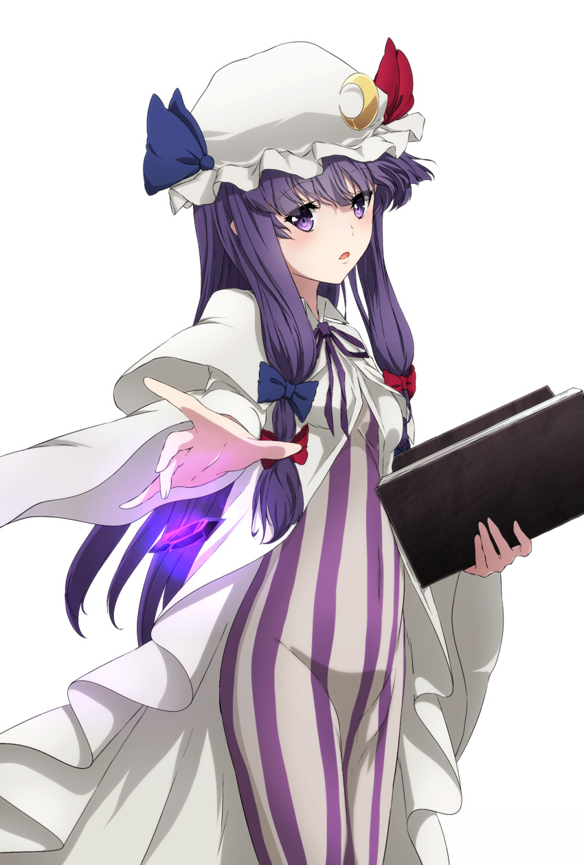 1girl aono_meri book bow capelet crescent crystal dress glowing hair_bow hair_ornament hat highres long_hair long_sleeves looking_at_viewer mob_cap open_book open_mouth outstretched_arm patchouli_knowledge purple_hair simple_background solo striped striped_dress touhou vest violet_eyes white_background wide_sleeves