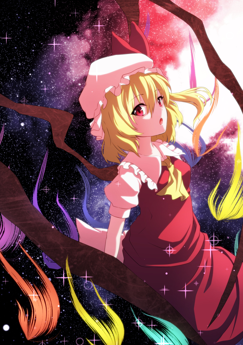 1girl :o aono_meri ascot bangs blonde_hair flandre_scarlet hair_between_eyes hat hat_ribbon highres looking_at_viewer mob_cap open_mouth puffy_sleeves red_eyes ribbon shirt short_hair short_sleeves side_ponytail skirt skirt_set sky solo sparkle star_(sky) starry_sky touhou vest wings