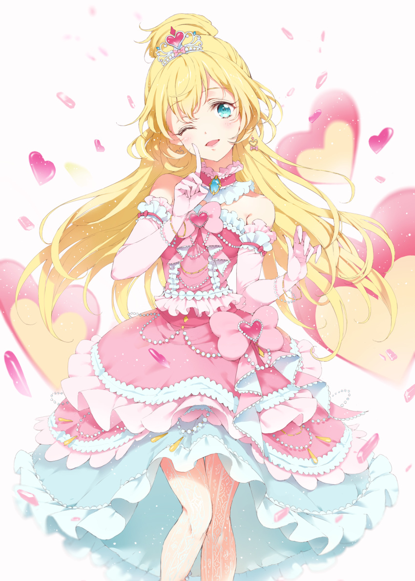 1girl absurdres aikatsu! aikatsu_stars! aqua_eyes bangs blonde_hair blush bow bracelet brooch commentary_request detached_collar dress earrings elbow_gloves frilled_dress frilled_gloves frills gloves hair_bun heart heart_earrings highres index_finger_raised jewelry lace lace_legwear layered_dress long_hair looking_at_viewer nghrstst one_eye_closed open_mouth pearl pink_bow pink_dress pink_gloves shiratori_hime solo strapless strapless_dress tiara