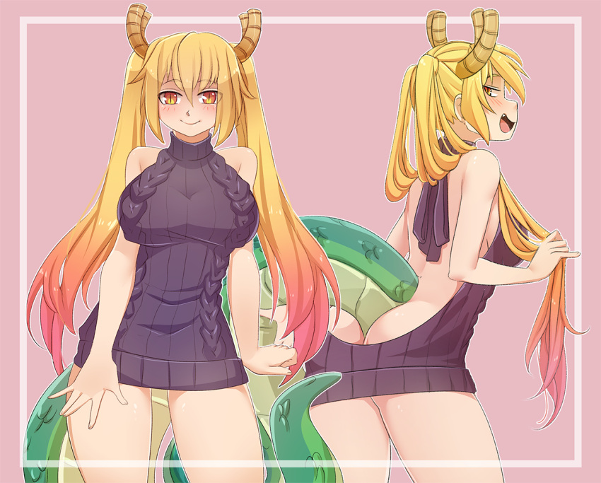 1girl :d aran_sweater ass backless_outfit bare_back bare_shoulders black_sweater blonde_hair border breasts commentary dragon_girl dragon_horns dragon_tail drawstring dress fang gradient_hair horns iwbitu-sa kobayashi-san_chi_no_maidragon large_breasts long_hair looking_at_viewer meme_attire multicolored_hair multiple_views naked_sweater no_pants open-back_dress open_mouth orange_eyes pink_hair ribbed_sweater sideboob slit_pupils smile sweater sweater_dress tail thighs tooru_(maidragon) turtleneck turtleneck_sweater twintails two-tone_hair virgin_killer_sweater