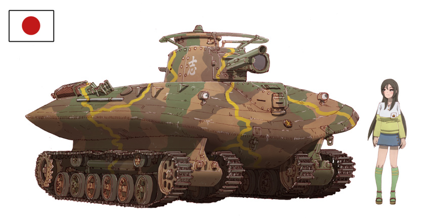 1girl caterpillar_tracks earasensha ground_vehicle japanese_flag military military_vehicle motor_vehicle original simple_background tank