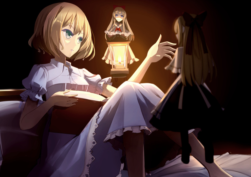 1girl alice_margatroid apron bangs black_dress blonde_hair blue_eyes blue_skirt book bow capelet clere dress dress_shirt frilled_skirt frills hair_bow hourai_doll knees_up lantern looking_at_another on_bed open_book parted_lips puffy_short_sleeves puffy_sleeves red_bow shanghai_doll shirt short_hair short_sleeves skirt touhou waist_apron white_shirt