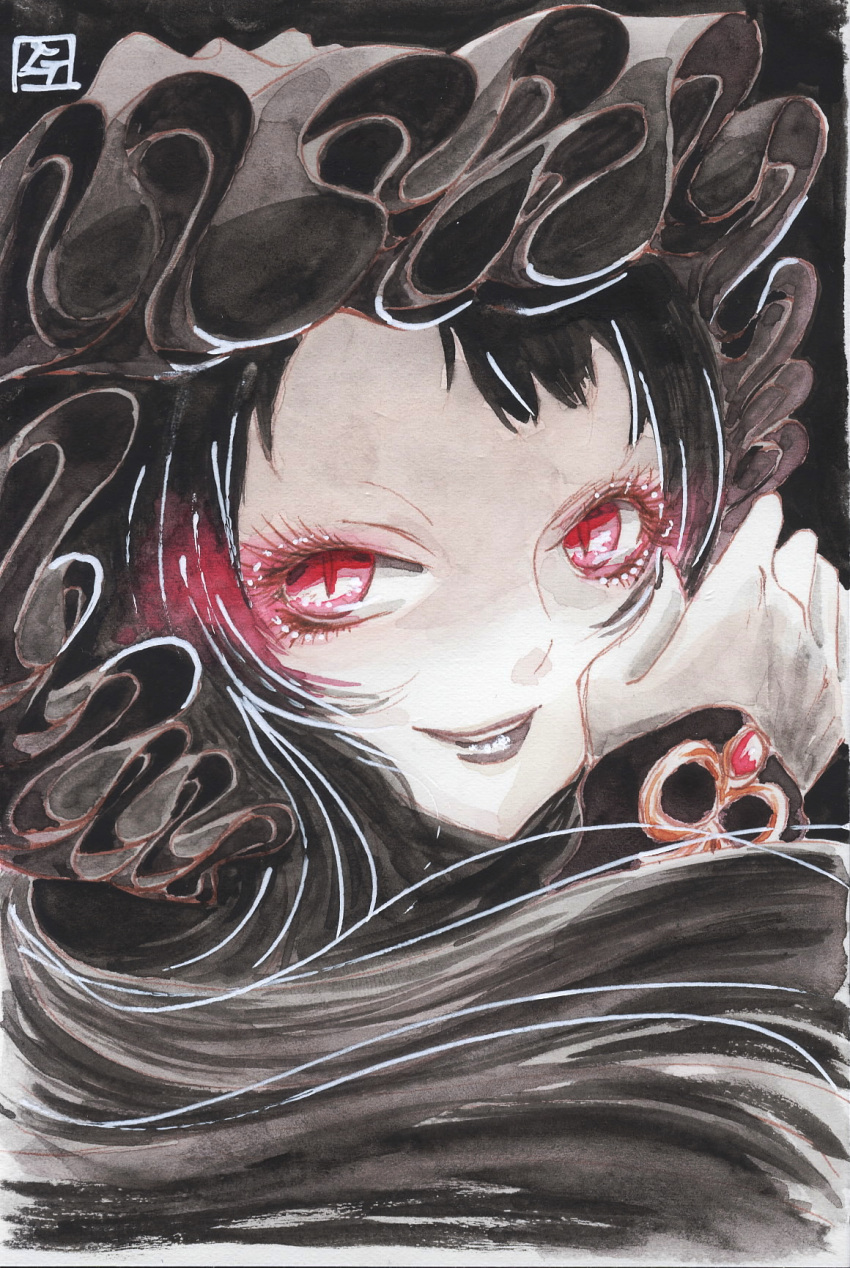 1girl black_background black_hair black_lipstick bonnet eyelashes glowing glowing_eyes gothic_lolita highres isolated_island_oni kantai_collection lipstick lolita_fashion long_hair looking_at_viewer makeup mixed_media red_eyes ruffled_bonnet shinkaisei-kan signature slit_pupils smile solo tesun_(g_noh) traditional_media upper_body watercolor_(medium)