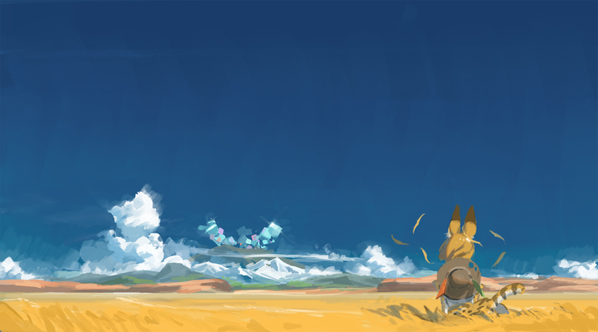 1girl animal_ears blonde_hair clouds day feathers hat kemono_friends leaf looking_away mountain serval_(kemono_friends) serval_ears serval_tail short_hair sky solo standing tail tommy830219