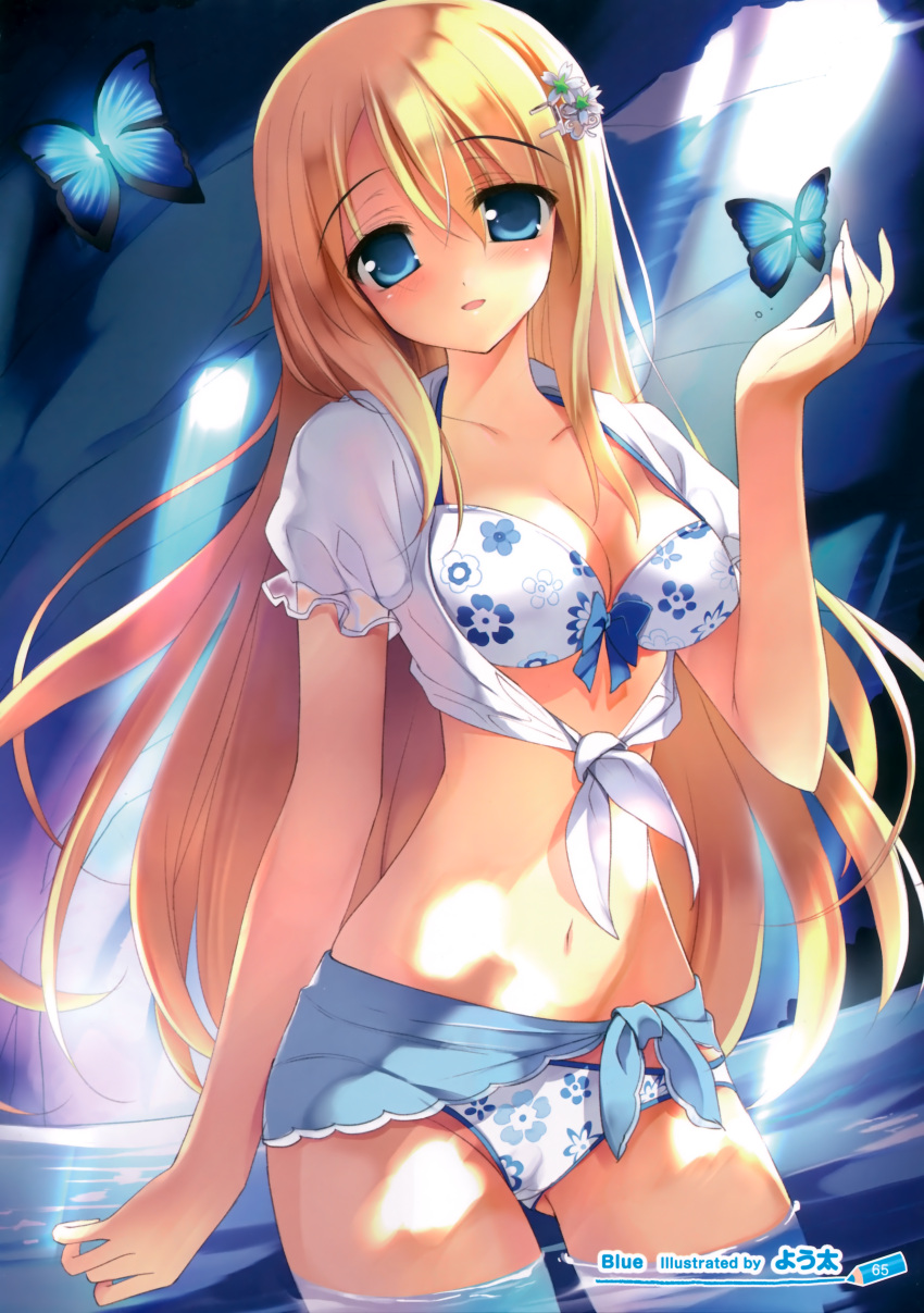 1girl absurdres artist_name bikini blonde_hair blue_eyes blush butterfly floral_print front-tie_top hair_ornament hairpin highres long_hair looking_at_viewer navel open_clothes open_shirt original parted_lips print_bikini sarong shirt solo swimsuit tied_shirt wading water youta
