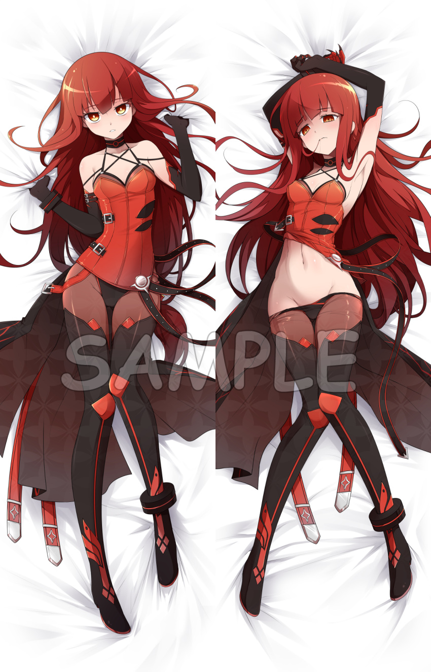 2girls armpits arms_up black_gloves black_legwear boots breasts crimson_avenger_(elsword) dakimakura dual_persona elbow_gloves elesis_(elsword) elsword full_body gloves highres long_hair mound_of_venus multicolored multicolored_eyes multiple_girls multiple_views nishino_(waero) pantyhose pantyhose_pull red_eyes redhead revision sample small_breasts thigh-highs thigh_boots undressing very_long_hair yellow_eyes