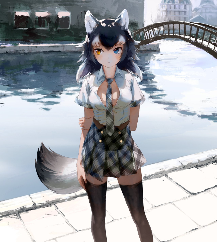 1girl animal_ears arm_behind_back between_breasts black_legwear black_necktie black_skirt blue_eyes blush breasts bridge day grey_hair grey_wolf_(kemono_friends) heterochromia highres kemono_friends long_hair looking_to_the_side medium_breasts multicolored_hair necktie necktie_between_breasts open_clothes open_shirt outdoors plaid plaid_necktie plaid_skirt pleated_skirt river shirt short_hair skirt solo standing tail thigh-highs treeware two-tone_hair white_hair white_shirt wolf_ears wolf_tail yellow_eyes